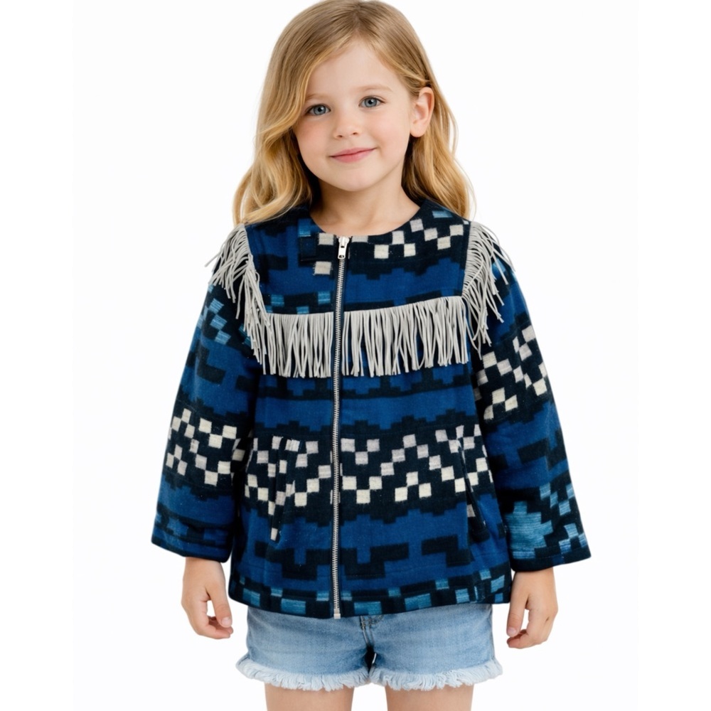 Boy + Girl 100% Cotton Blue Patterned Kids Jacket with Fringe NWT